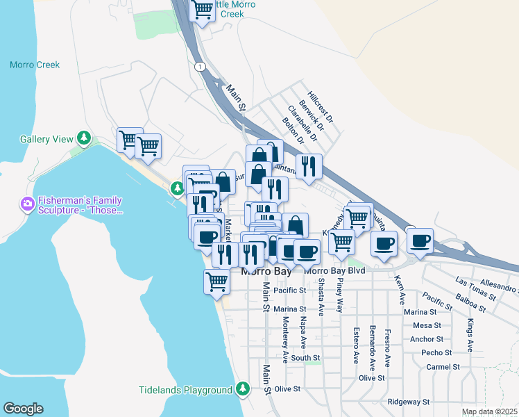 map of restaurants, bars, coffee shops, grocery stores, and more near 1111 Main Street in Morro Bay