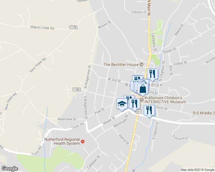 map of restaurants, bars, coffee shops, grocery stores, and more near 144 North Meridian Street in Rutherfordton