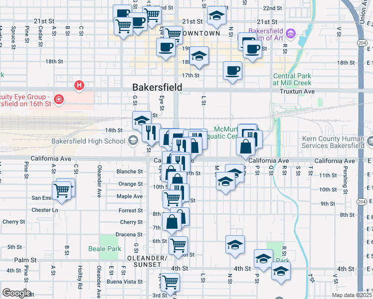 map of restaurants, bars, coffee shops, grocery stores, and more near 1330 California Avenue in Bakersfield