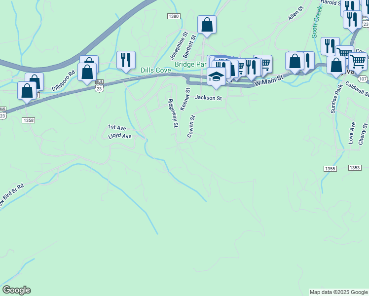 map of restaurants, bars, coffee shops, grocery stores, and more near 9 Camden Place in Sylva