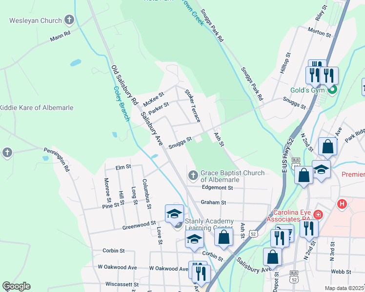 map of restaurants, bars, coffee shops, grocery stores, and more near 1306 Salisbury Avenue in Albemarle
