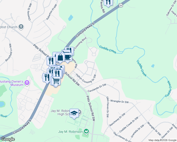 map of restaurants, bars, coffee shops, grocery stores, and more near 3635 Coventry Commons Ave SW in Concord