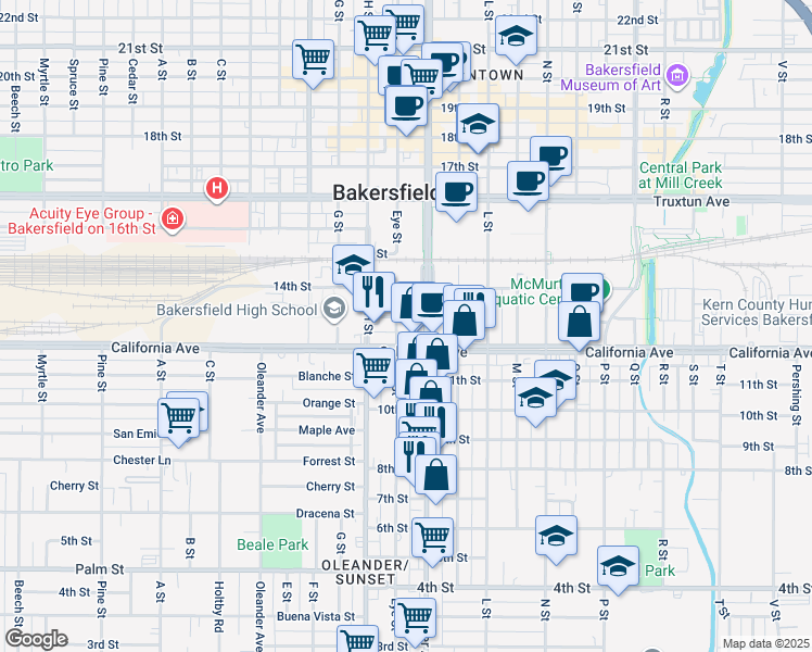 map of restaurants, bars, coffee shops, grocery stores, and more near 1207 Chester Avenue in Bakersfield