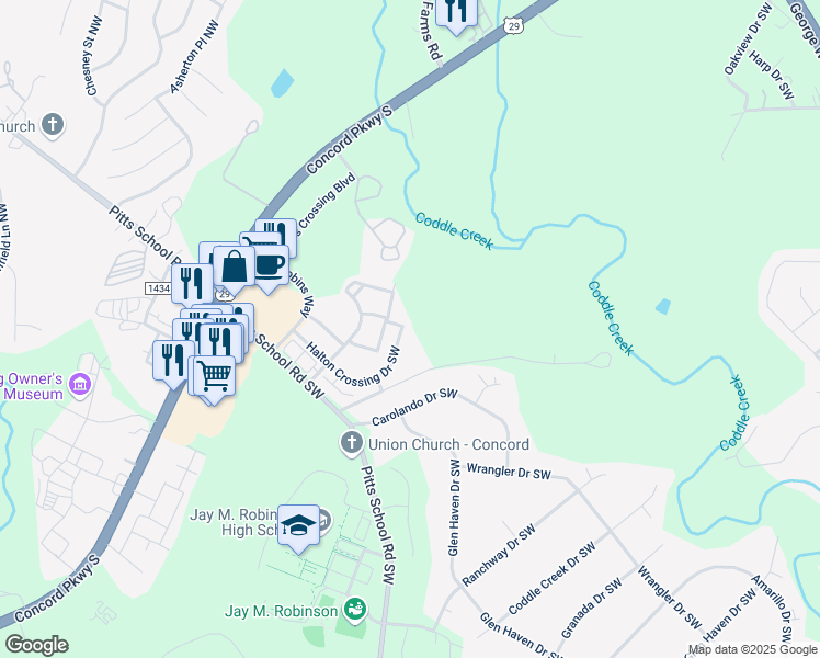 map of restaurants, bars, coffee shops, grocery stores, and more near 358 Halton Crossing Drive Southwest in Concord