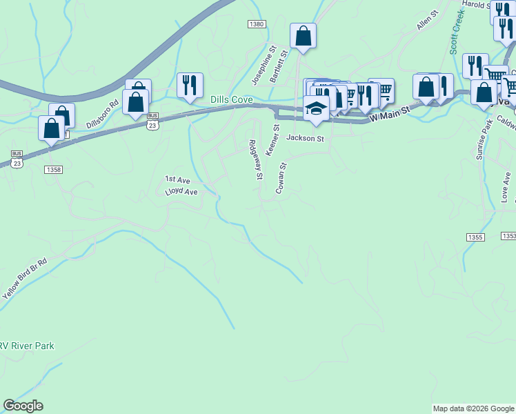 map of restaurants, bars, coffee shops, grocery stores, and more near 389 Ridgeway Street in Sylva