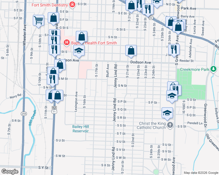 map of restaurants, bars, coffee shops, grocery stores, and more near 1520 Jenny Lind Road in Fort Smith