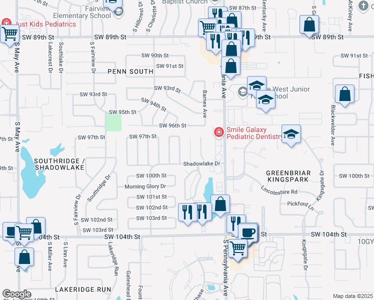 map of restaurants, bars, coffee shops, grocery stores, and more near 9917 Larkspur Lane in Oklahoma City