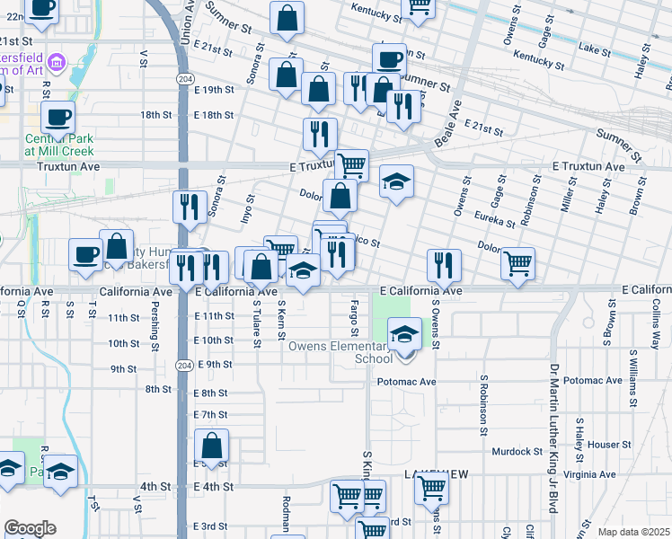 map of restaurants, bars, coffee shops, grocery stores, and more near in Bakersfield