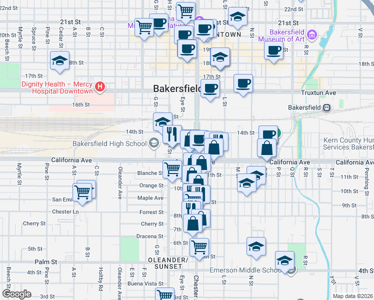 map of restaurants, bars, coffee shops, grocery stores, and more near 1207 Chester Avenue in Bakersfield