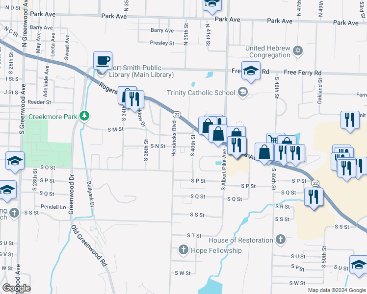 map of restaurants, bars, coffee shops, grocery stores, and more near 3904 N Street South in Fort Smith