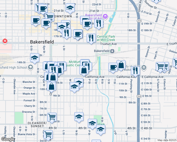 map of restaurants, bars, coffee shops, grocery stores, and more near in Bakersfield