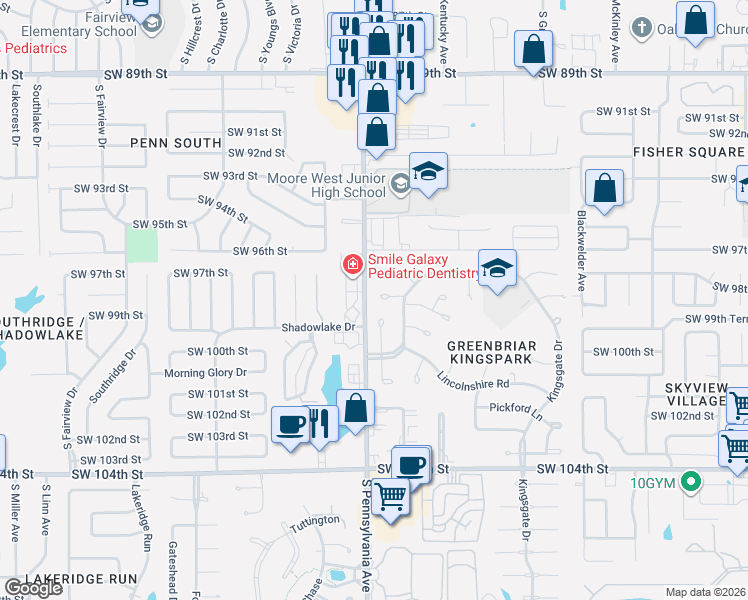 map of restaurants, bars, coffee shops, grocery stores, and more near 9925 South Pennsylvania Avenue in Oklahoma City