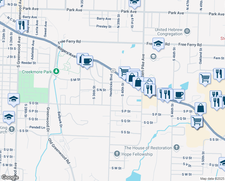 map of restaurants, bars, coffee shops, grocery stores, and more near 3822 N Street South in Fort Smith