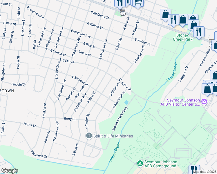 map of restaurants, bars, coffee shops, grocery stores, and more near 610 South Taylor Street in Goldsboro