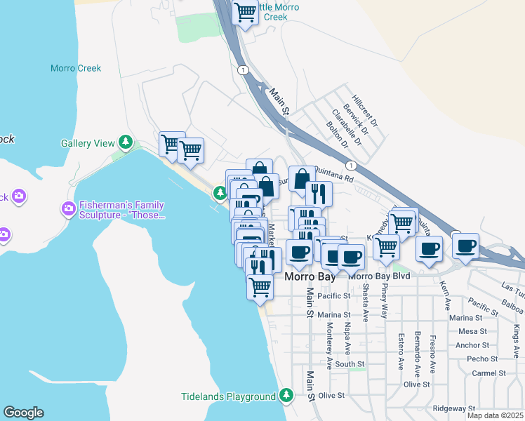 map of restaurants, bars, coffee shops, grocery stores, and more near 1130 Scott Street in Morro Bay