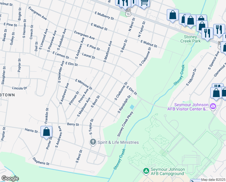 map of restaurants, bars, coffee shops, grocery stores, and more near 610 South Taylor Street in Goldsboro