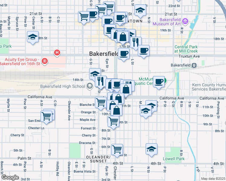 map of restaurants, bars, coffee shops, grocery stores, and more near 1301 Chester Avenue in Bakersfield