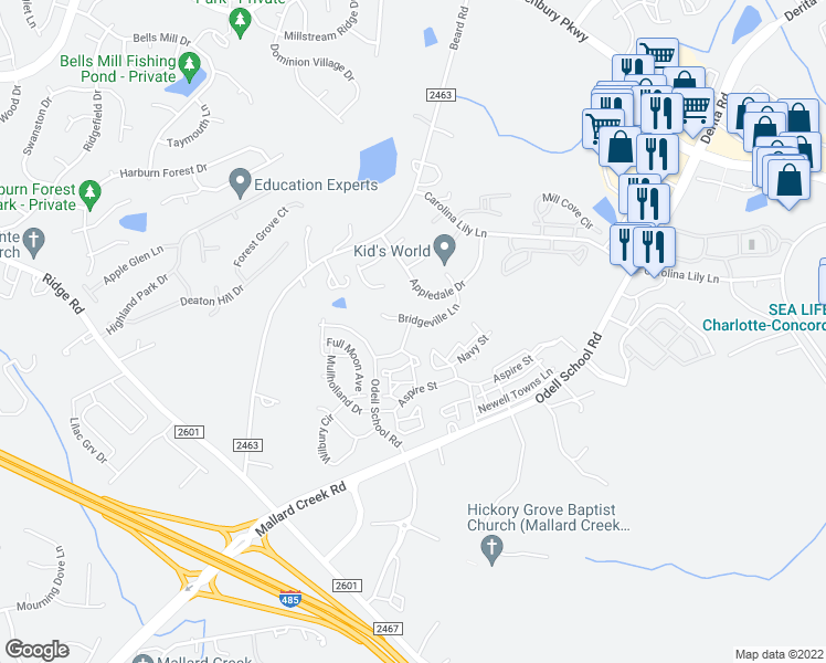 map of restaurants, bars, coffee shops, grocery stores, and more near 8609 Branscomb Drive in Charlotte