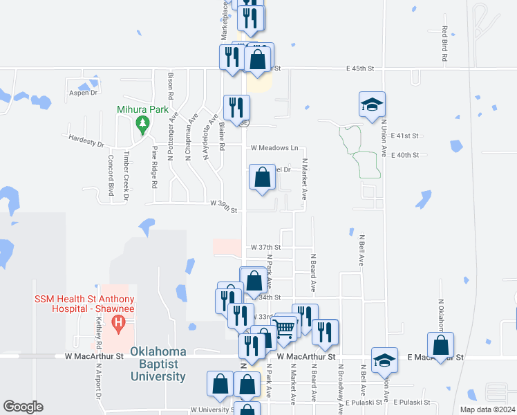 map of restaurants, bars, coffee shops, grocery stores, and more near 3901 North Kickapoo Street in Shawnee