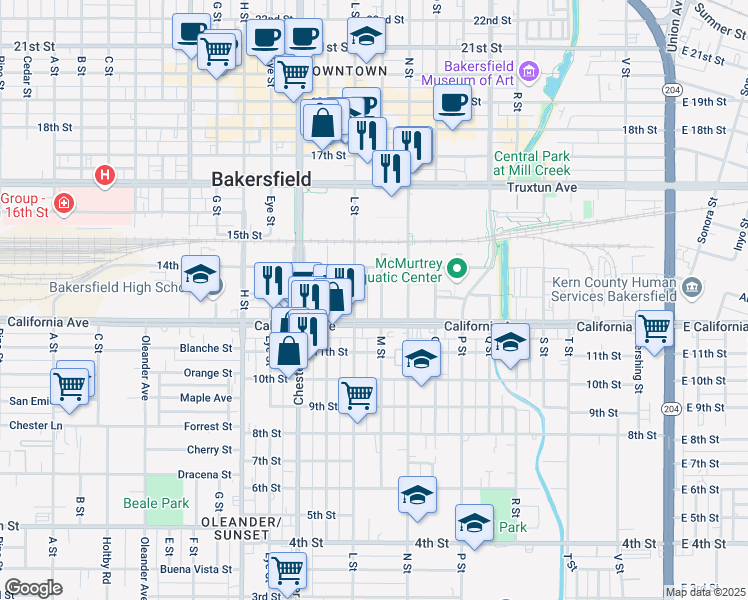 map of restaurants, bars, coffee shops, grocery stores, and more near 1324 L Street in Bakersfield