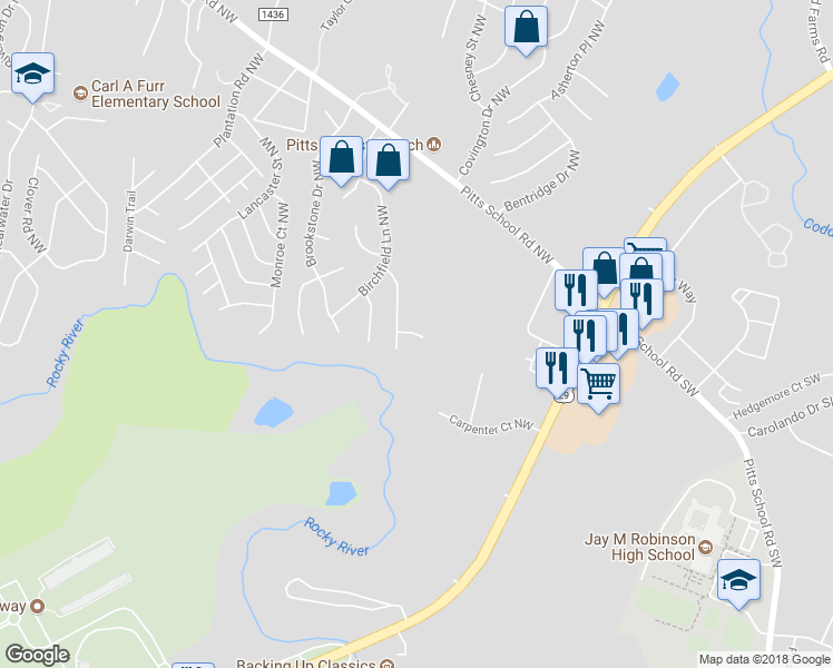map of restaurants, bars, coffee shops, grocery stores, and more near 2885 Shadow Brook Court Northwest in Concord