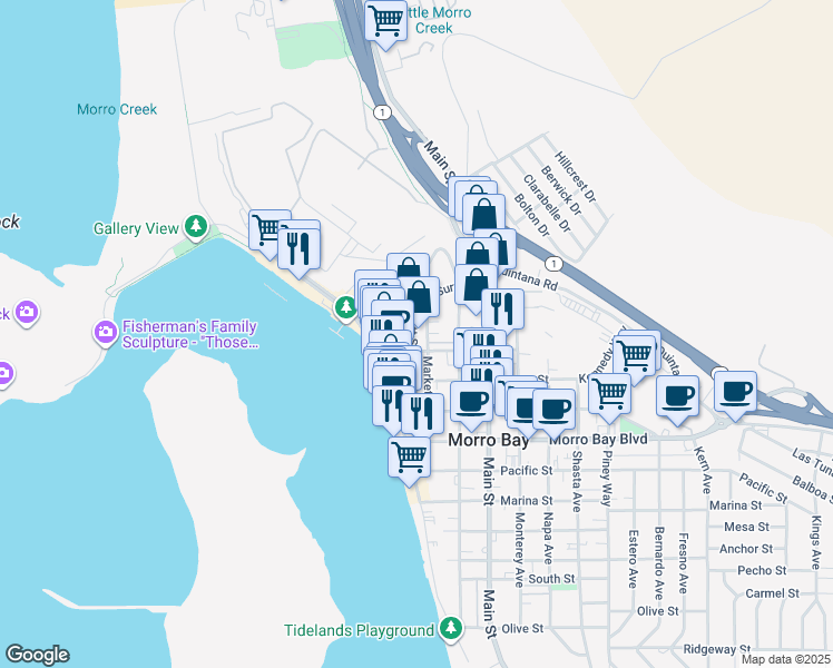map of restaurants, bars, coffee shops, grocery stores, and more near 1130 Scott Street in Morro Bay