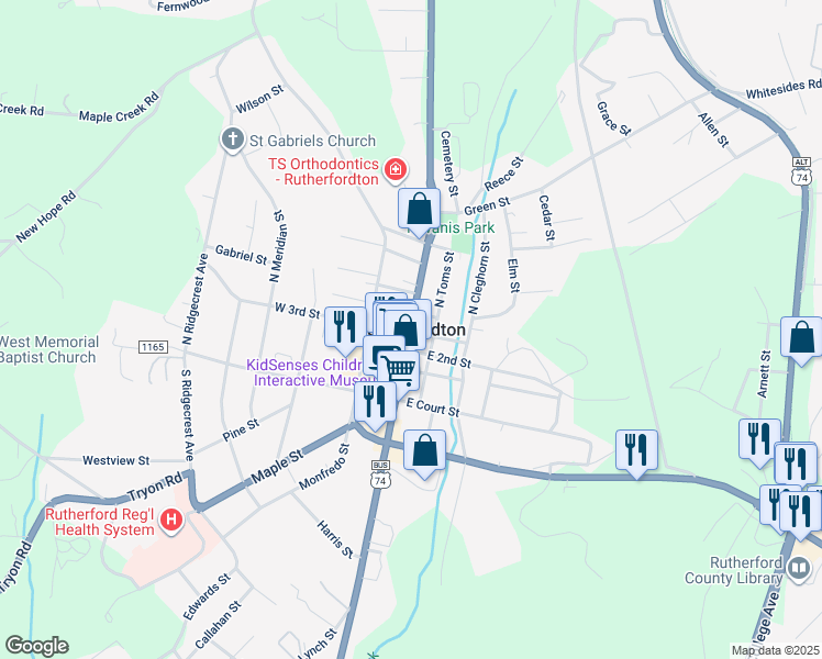 map of restaurants, bars, coffee shops, grocery stores, and more near in Rutherfordton
