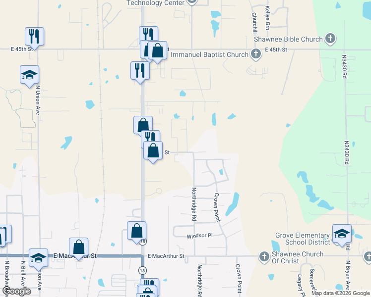 map of restaurants, bars, coffee shops, grocery stores, and more near 4131 North Harrison Street in Shawnee