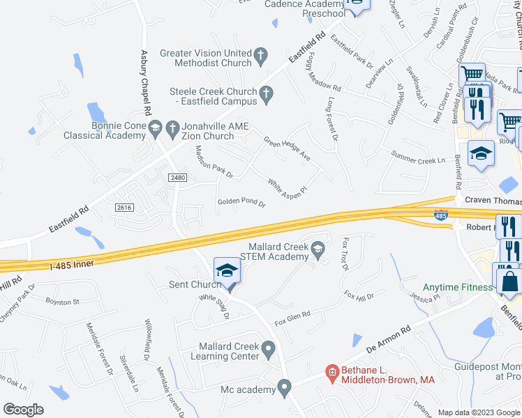 map of restaurants, bars, coffee shops, grocery stores, and more near 9325 Golden Pond Drive in Charlotte