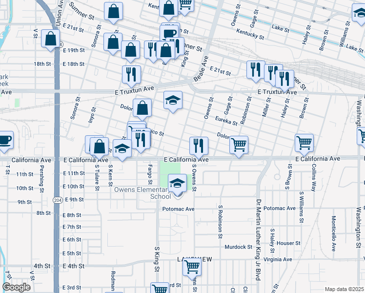 map of restaurants, bars, coffee shops, grocery stores, and more near 305 Beale Avenue in Bakersfield