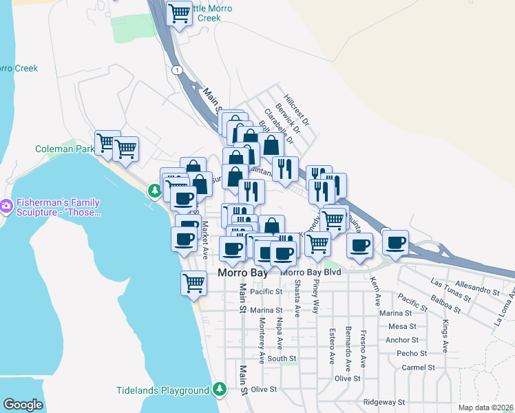 map of restaurants, bars, coffee shops, grocery stores, and more near 1195 Monterey Avenue in Morro Bay