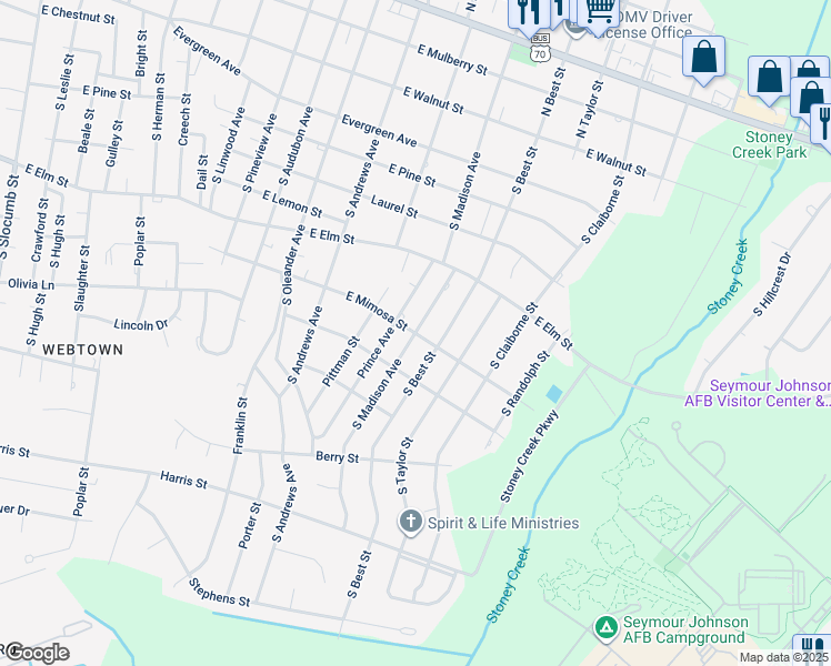 map of restaurants, bars, coffee shops, grocery stores, and more near 1700 East Mimosa Street in Goldsboro