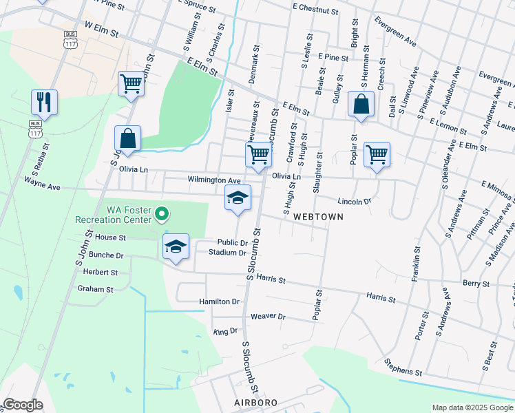 map of restaurants, bars, coffee shops, grocery stores, and more near 1005 South Slocumb Street in Goldsboro
