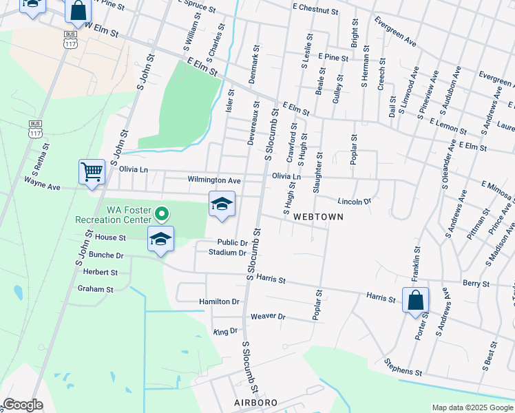 map of restaurants, bars, coffee shops, grocery stores, and more near 1005 South Slocumb Street in Goldsboro