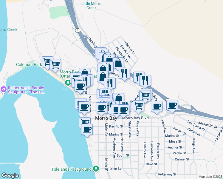 map of restaurants, bars, coffee shops, grocery stores, and more near 1125 Monterey Avenue in Morro Bay