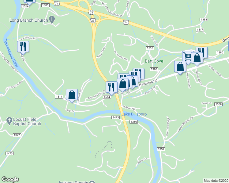 map of restaurants, bars, coffee shops, grocery stores, and more near US-441 South in Sylva