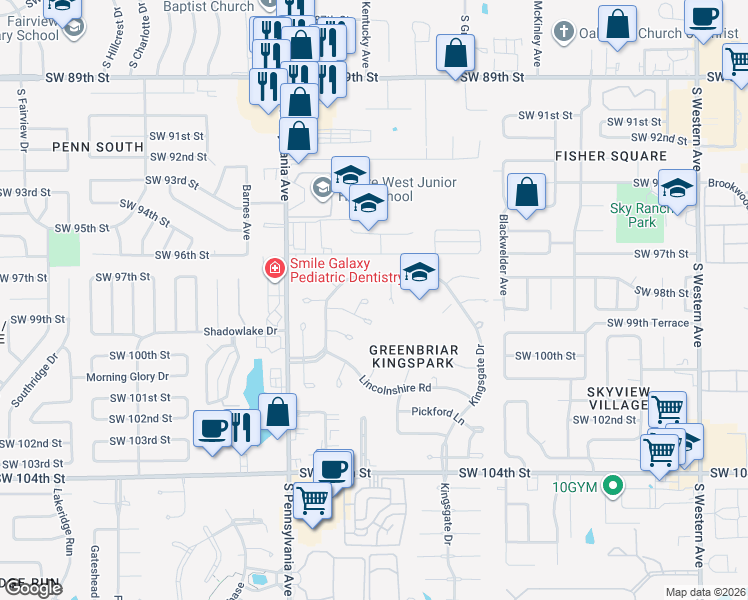 map of restaurants, bars, coffee shops, grocery stores, and more near 1512 Kingsgate Road in Oklahoma City
