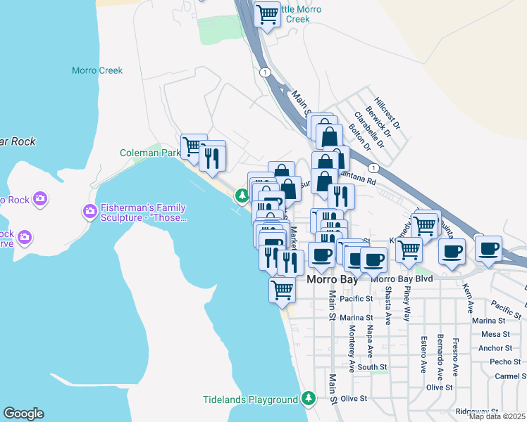 map of restaurants, bars, coffee shops, grocery stores, and more near 1180 West Street in Morro Bay