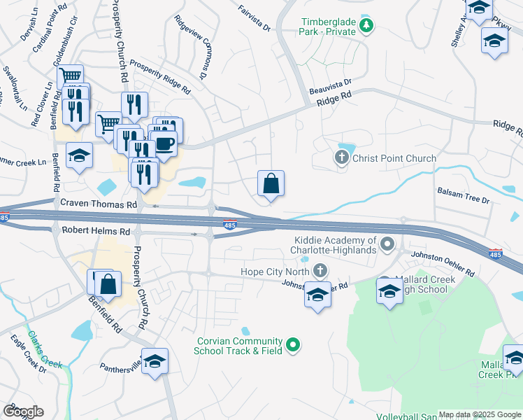 map of restaurants, bars, coffee shops, grocery stores, and more near 5626 Waverly Lynn Lane in Charlotte