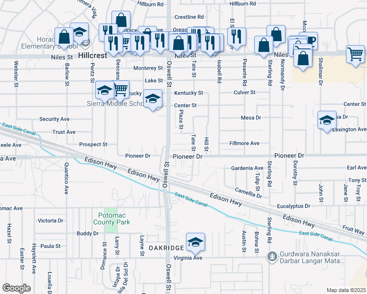 map of restaurants, bars, coffee shops, grocery stores, and more near 3125 Fillmore Avenue in Bakersfield
