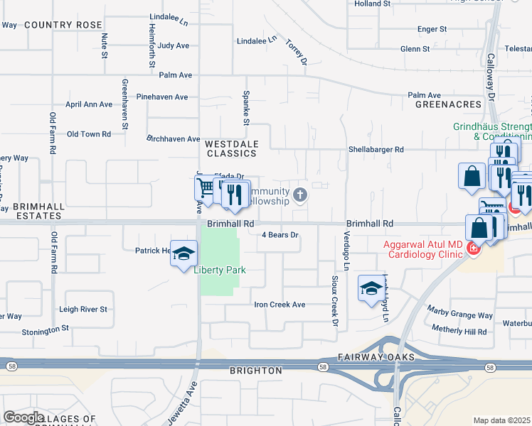 map of restaurants, bars, coffee shops, grocery stores, and more near 1308 Reddick Lane in Bakersfield