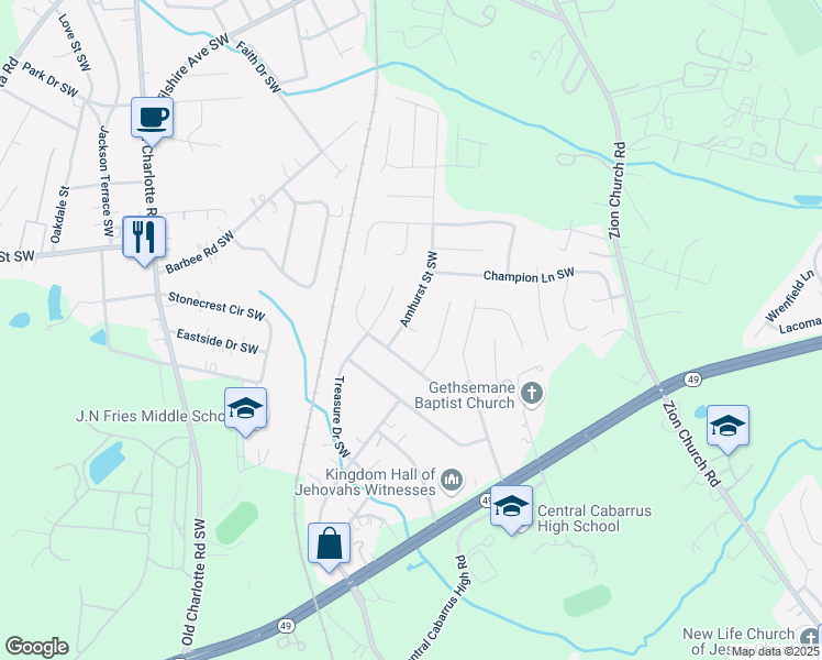 map of restaurants, bars, coffee shops, grocery stores, and more near 378 Amhurst Street Southwest in Concord