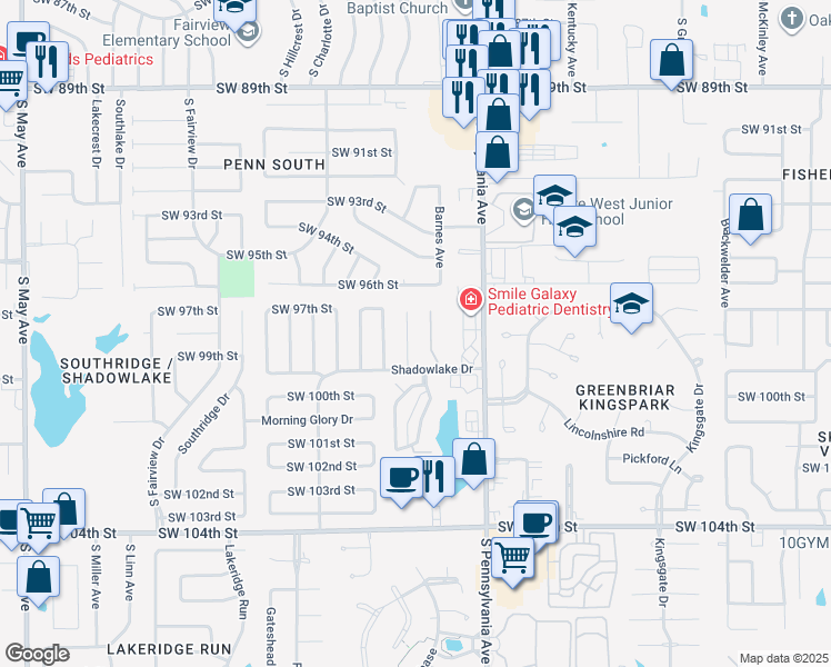 map of restaurants, bars, coffee shops, grocery stores, and more near 9809 Larkspur Lane in Oklahoma City