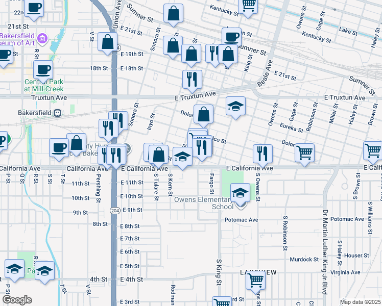 map of restaurants, bars, coffee shops, grocery stores, and more near 615 Butte Street in Bakersfield