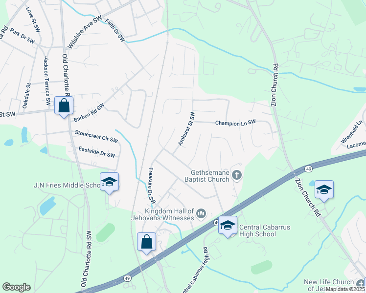 map of restaurants, bars, coffee shops, grocery stores, and more near 378 Amhurst Street Southwest in Concord