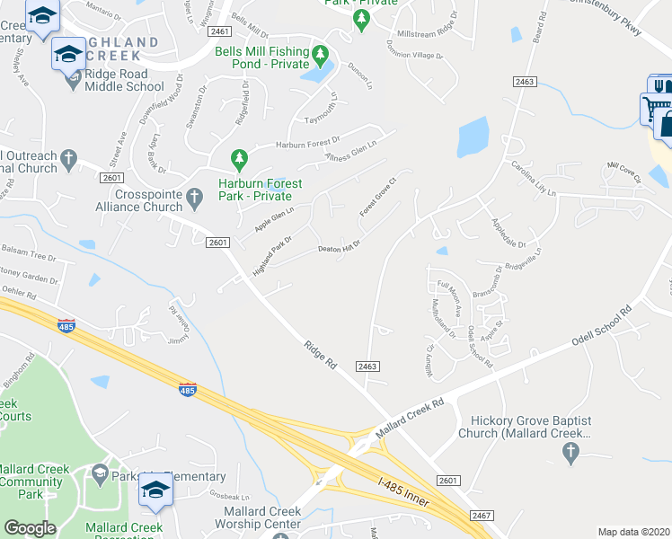 map of restaurants, bars, coffee shops, grocery stores, and more near 2906 Crawford Brook Lane in Charlotte