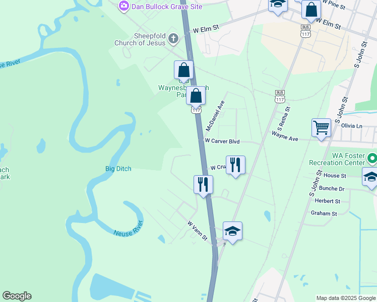 map of restaurants, bars, coffee shops, grocery stores, and more near 137 West Neuse Circle in Goldsboro