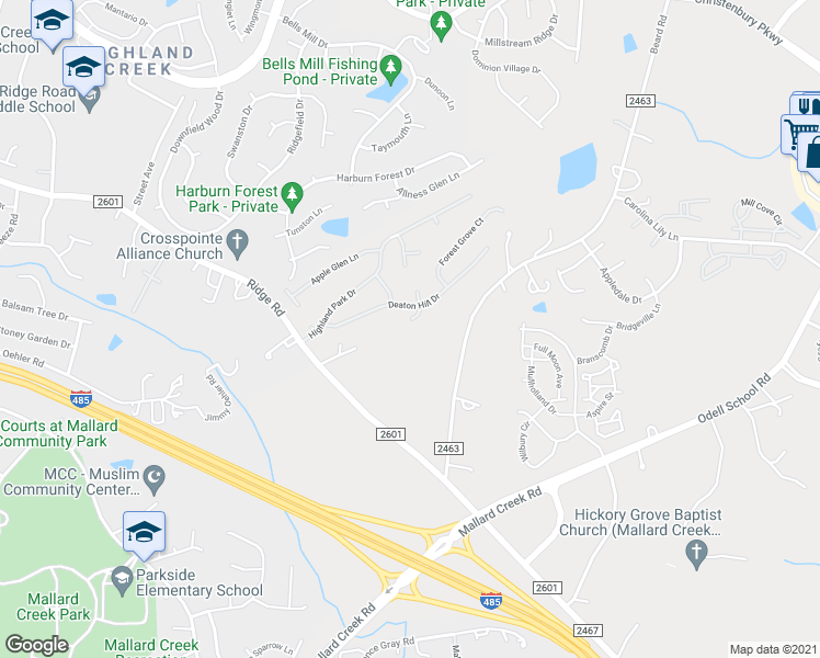 map of restaurants, bars, coffee shops, grocery stores, and more near 2906 Crawford Brook Lane in Charlotte