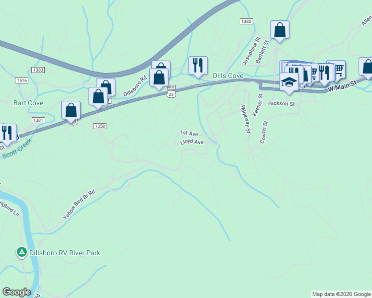 map of restaurants, bars, coffee shops, grocery stores, and more near Savannah Drive in Sylva