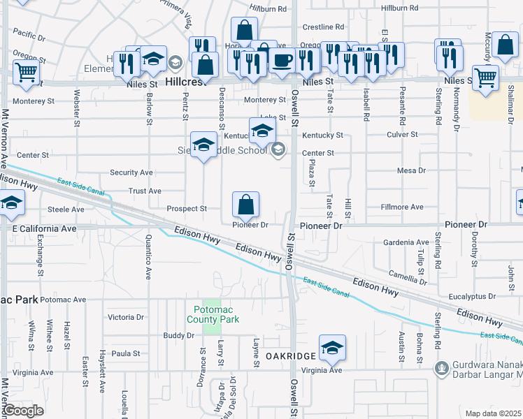 map of restaurants, bars, coffee shops, grocery stores, and more near 621 Renoir Court in Bakersfield